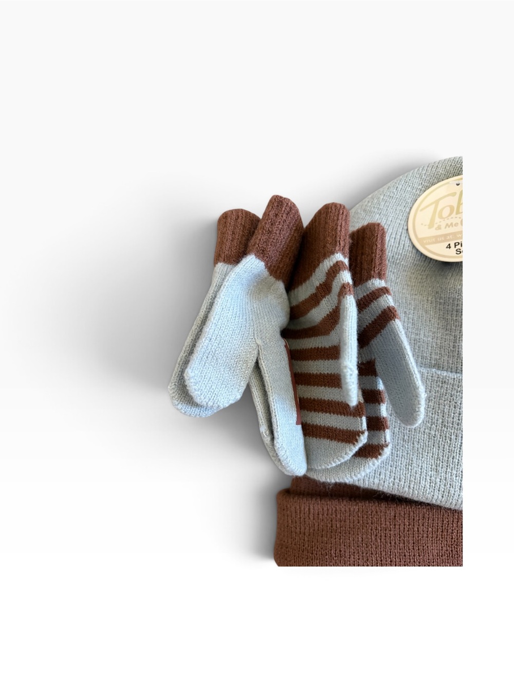 Toddler Boys Toby & Me Light Blue & Brown Bear Beanie + Mittens Set of 4 - Picture 2 of 7